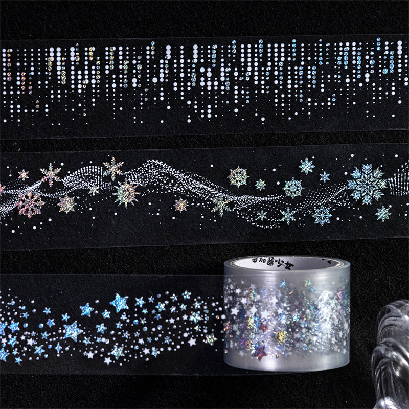When The Stars Shine series Silver Stamping PET Tape featuring silver, and star designs for journaling, scrapbooking and collage