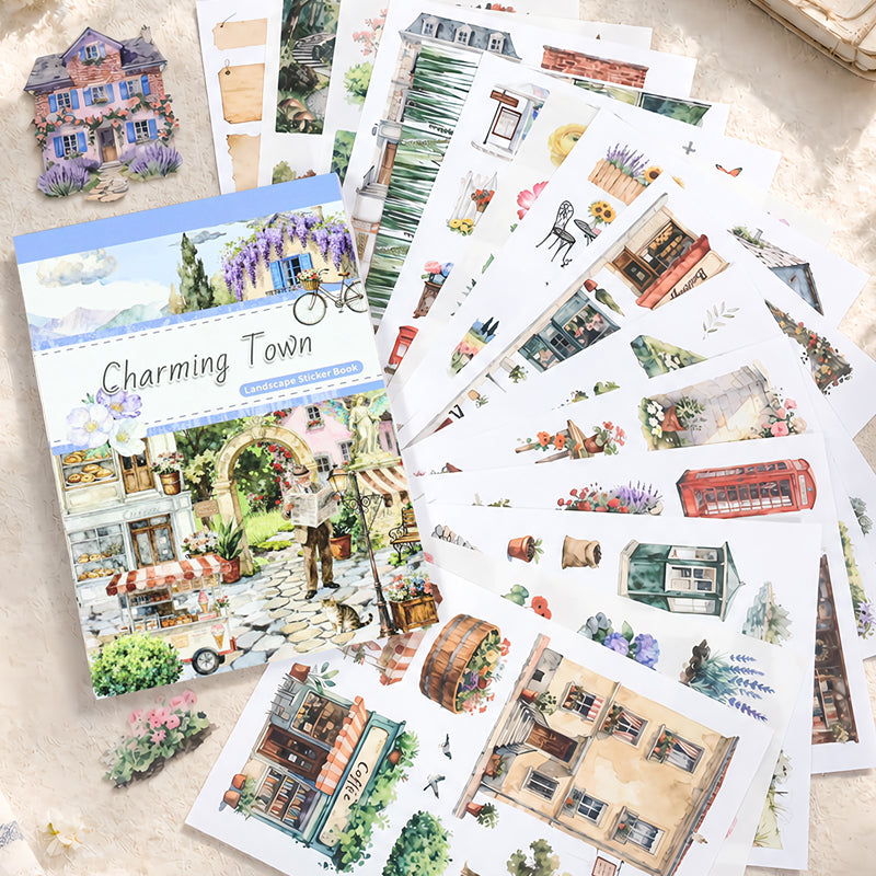 Charming Town Sticker Book featuring book designs for journaling, scrapbooking and collage