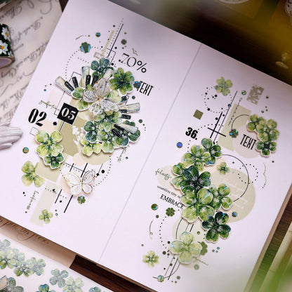 Whole Roll 6cm*6m Four Leaf Clover Die Cutting Washi/PET/Shell Light PET Tape featuring leaf, and light designs for journaling, scrapbooking and collage
