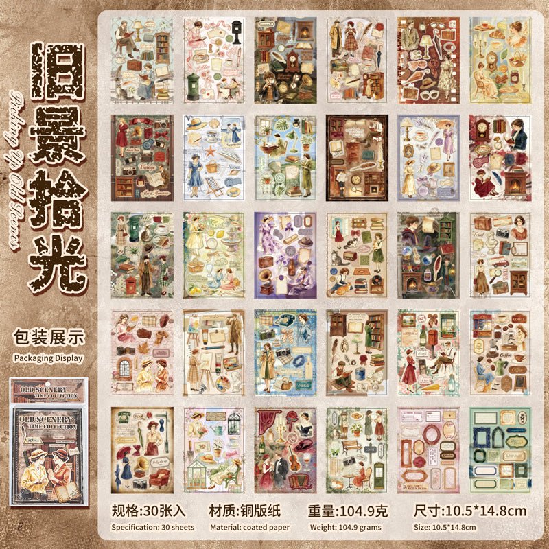 Old Scenes Series Sticker Book featuring old, and book designs for journaling, scrapbooking and collage