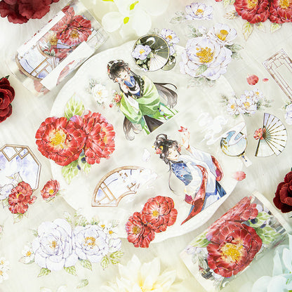 Red peony beauty Die Cutting Washi/Shell Light PET Tape featuring red, and light designs for journaling, scrapbooking and collage
