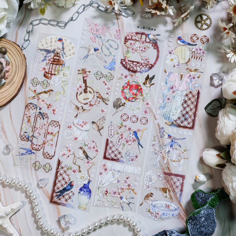 Whole Roll 6cm*5m Swallows on the branches Shell Silver PET Tape featuring silver designs for journaling, scrapbooking and collage