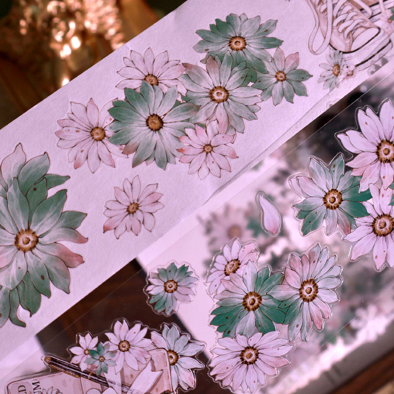 Whole Roll 5.5cm*5m Wild chrysanthemums Die Cutting Washi/PET/Shell Silver PET Tape featuring silver designs for journaling, scrapbooking and collage
