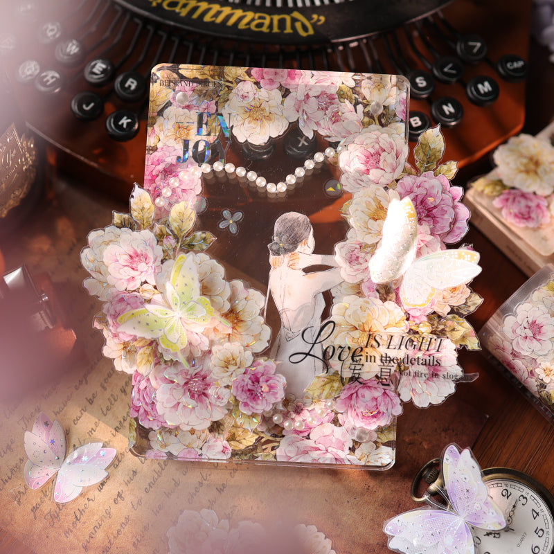 5.5cm*100cm Peach Fog White Flower Die Cutting Washi/PET/Shell Light PET Tape featuring white, flower, and peach designs for journaling, scrapbooking and collage
