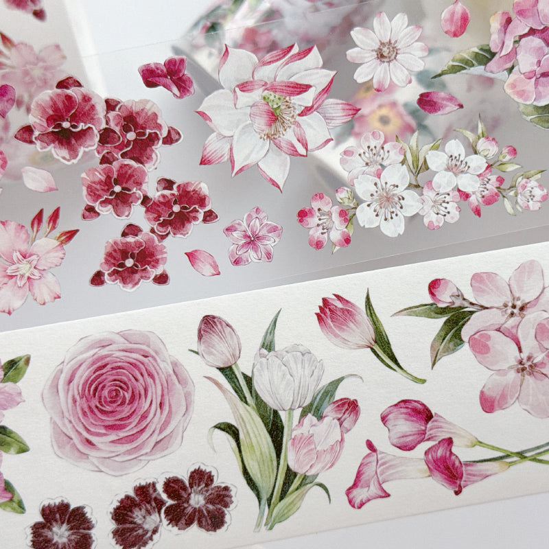 Whole Roll 5.5cm*5m Pink Flower Collection Washi/PET Tape featuring pink, and flower designs for journaling, scrapbooking and collage