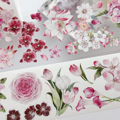 Whole Roll 5.5cm*5m Pink Flower Collection Washi/PET Tape featuring pink, and flower designs for journaling, scrapbooking and collage