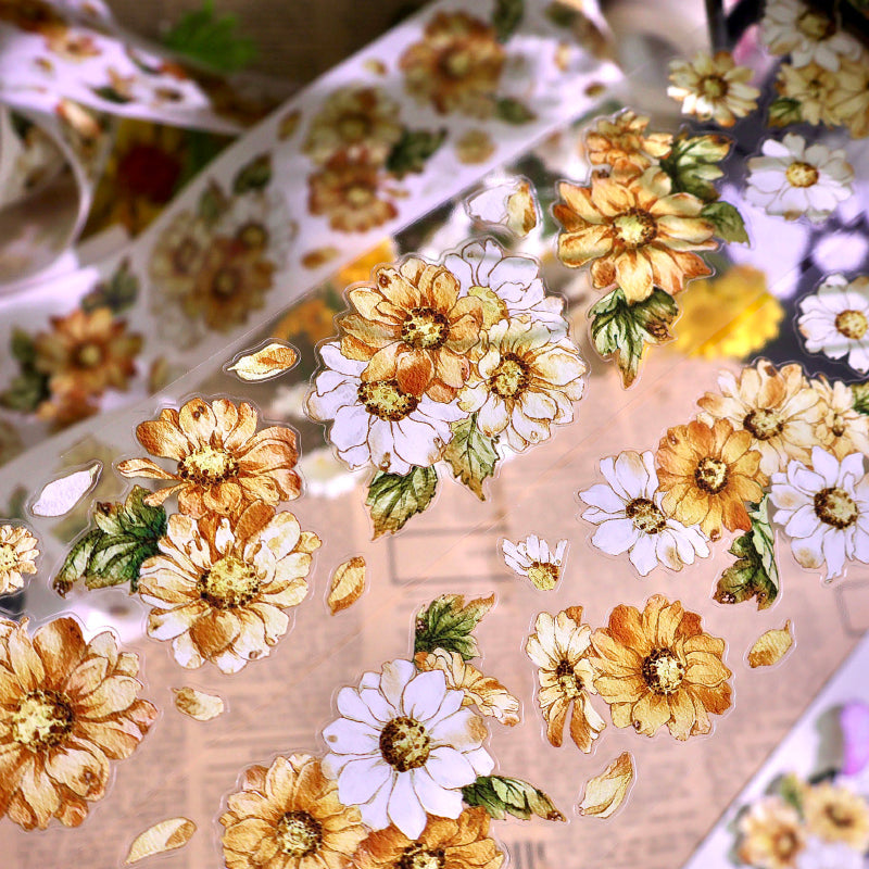 Whole Roll 5cm*5m Golden daisy Die Cutting Washi/PET/Shell Silver PET Tape featuring old, gold, and silver designs for journaling, scrapbooking and collage