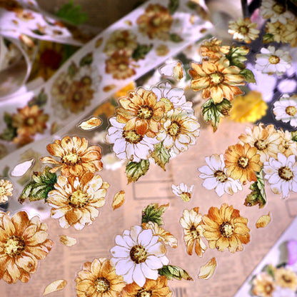Whole Roll 5cm*5m Golden daisy Die Cutting Washi/PET/Shell Silver PET Tape featuring old, gold, and silver designs for journaling, scrapbooking and collage