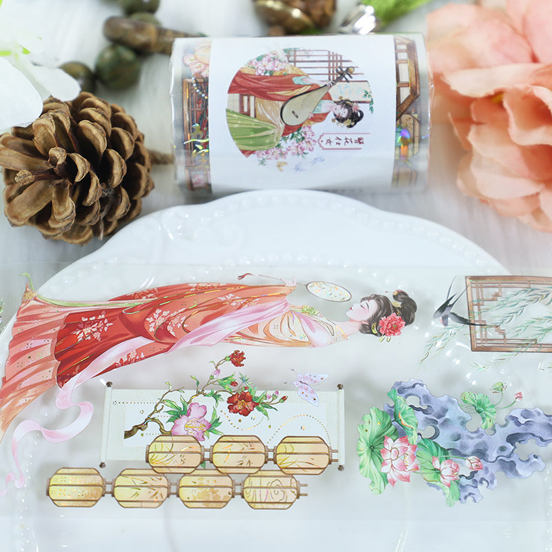 Ancient court Die Cutting Washi/Shell Gold PET Tape featuring old, and gold designs for journaling, scrapbooking and collage