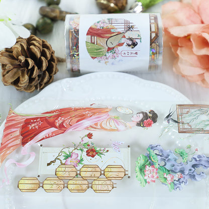 Ancient court Die Cutting Washi/Shell Gold PET Tape featuring old, and gold designs for journaling, scrapbooking and collage