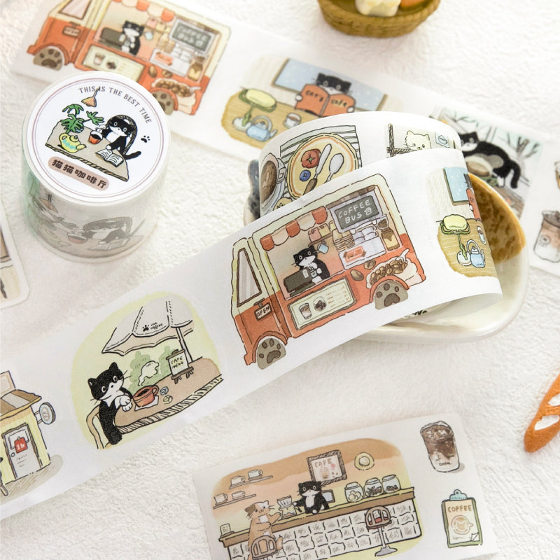 Cat Coffee Shop Series Die Cutting Washi Tape featuring cat, and shop designs for journaling, scrapbooking and collage