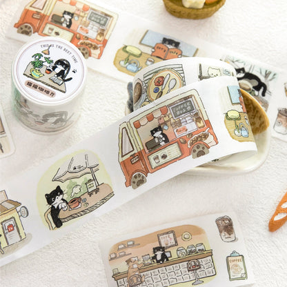 Cat Coffee Shop Series Die Cutting Washi Tape featuring cat, and shop designs for journaling, scrapbooking and collage