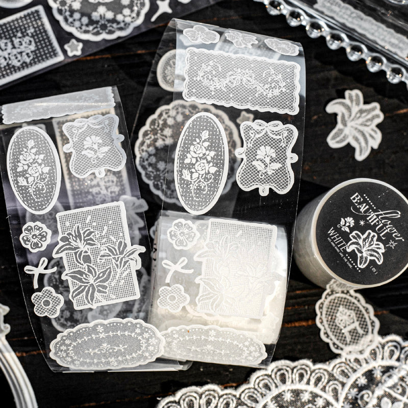 White Tea Blossom Dream Series Die Cutting Flash Sand PET Tape featuring dream, tea, and white designs for journaling, scrapbooking and collage