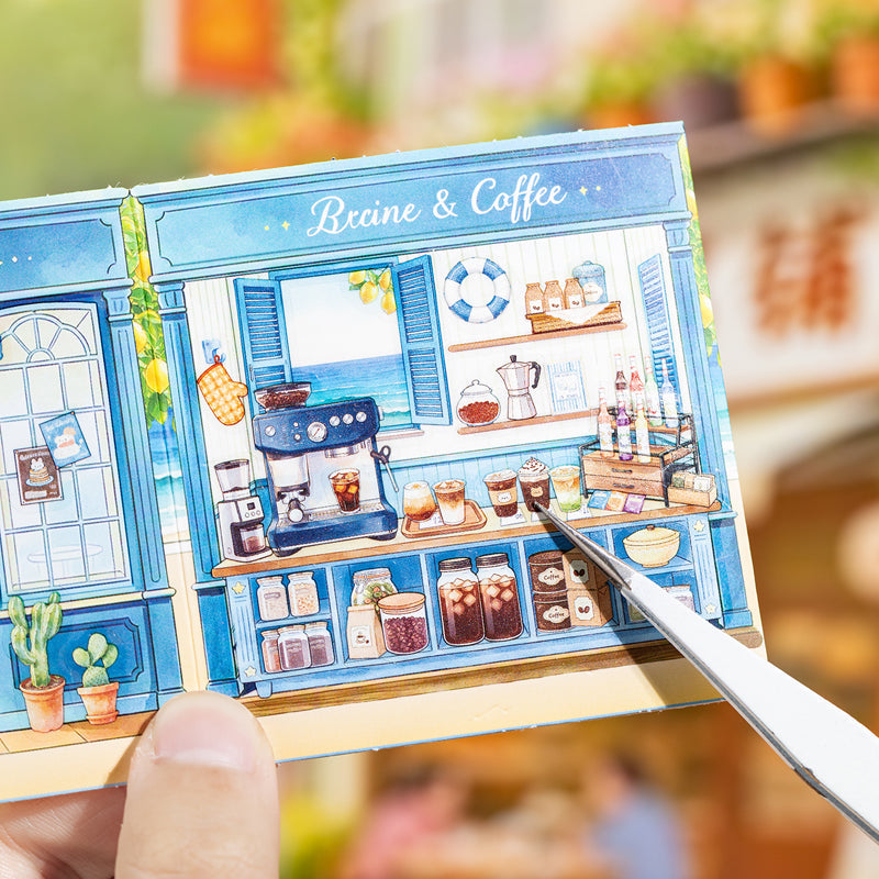 Miniature Street Scene Series 3D Sticker Book featuring book, street, and tree designs for journaling, scrapbooking and collage