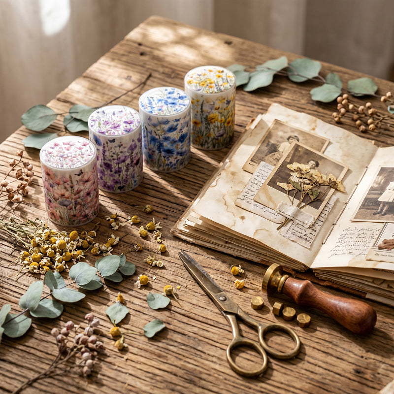 Words In The Flowers Series PET Tape featuring flower designs for journaling, scrapbooking and collage