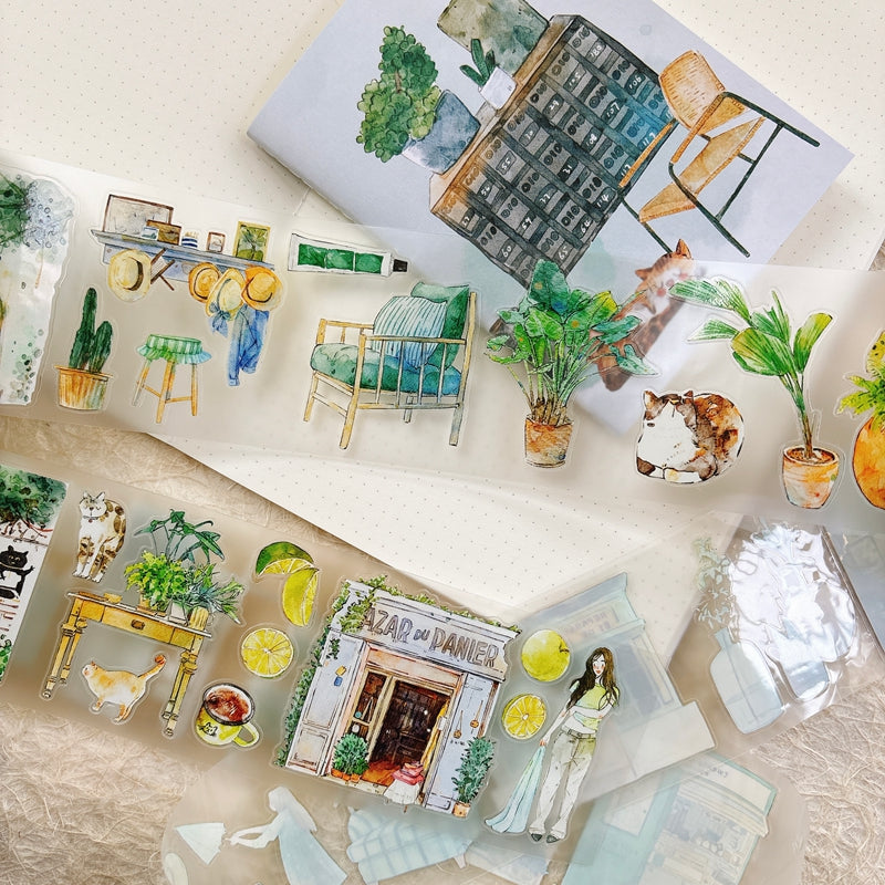 Whole Roll 6cm*5m Greenness Die Cutting Washi/PET/Fog PET Tape featuring green designs for journaling, scrapbooking and collage