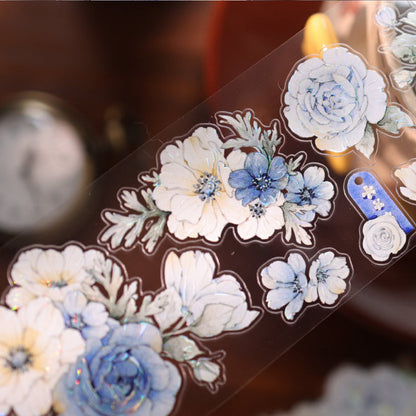 Whole Roll 5.5cm*5m Sweet Blue Flower Die Cutting Washi/PET/Shell Light PET Tape featuring sweet, blue, and flower designs for journaling, scrapbooking and collage