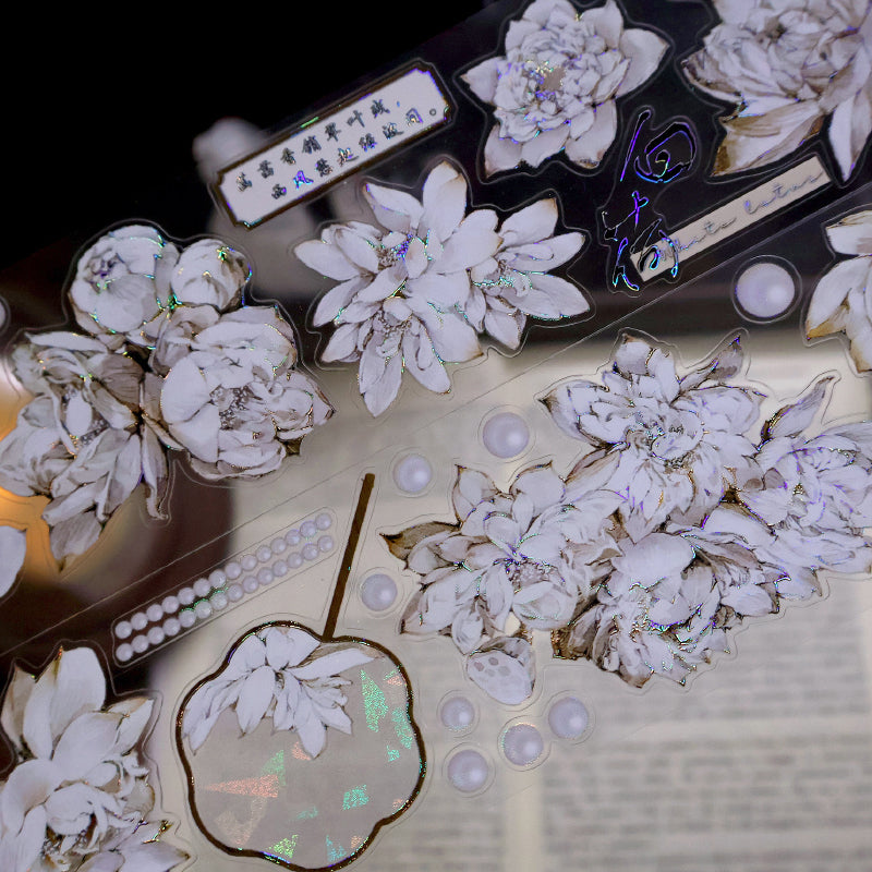 5.5cm*100cm White lotus flower Die Cutting Washi/PET/Shell Silver PET Tape featuring white, silver, and flower designs for journaling, scrapbooking and collage