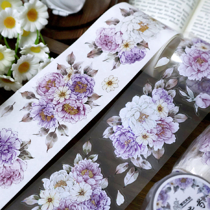 5.6cm*100cm Purple peony flower Die Cutting Washi/PET/Shell Light PET Tape featuring flower, and light designs for journaling, scrapbooking and collage