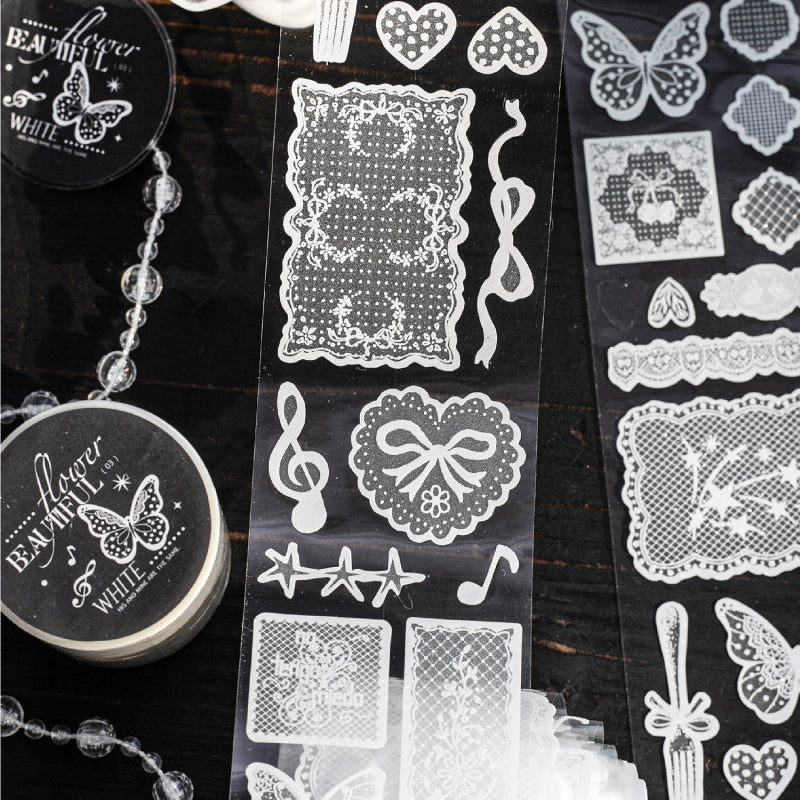 White Tea Blossom Dream Series Die Cutting Flash Sand PET Tape featuring dream, tea, and white designs for journaling, scrapbooking and collage