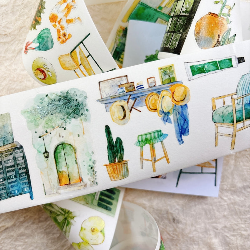 Whole Roll 6cm*5m Greenness Die Cutting Washi/PET/Fog PET Tape featuring green designs for journaling, scrapbooking and collage