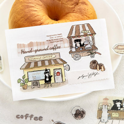 Cat Coffee Shop Series Die Cutting Washi Tape featuring cat, and shop designs for journaling, scrapbooking and collage