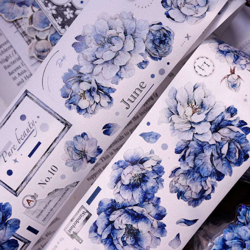 Whole Roll 6cm*6m Dark blue peony flower Die Cutting Washi/PET/Shell Light PET Tape featuring blue, flower, and light designs for journaling, scrapbooking and collage