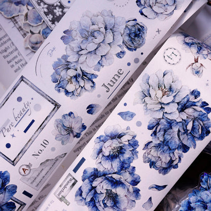 Whole Roll 6cm*6m Dark blue peony flower Die Cutting Washi/PET/Shell Light PET Tape featuring blue, flower, and light designs for journaling, scrapbooking and collage