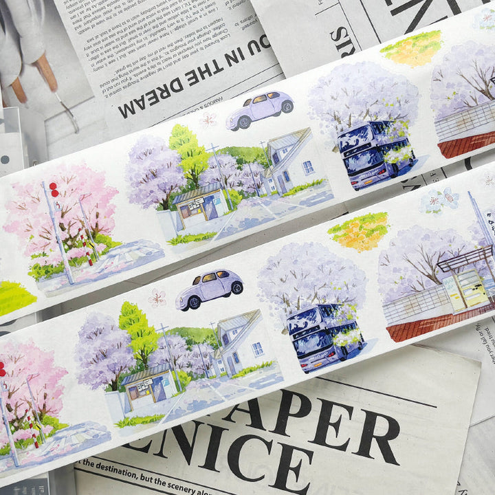 Whole Roll 7cm*5.1m Spring Day Street Die Cutting Washi/PET/Fog PET Tape featuring spring, street, and tree designs for journaling, scrapbooking and collage