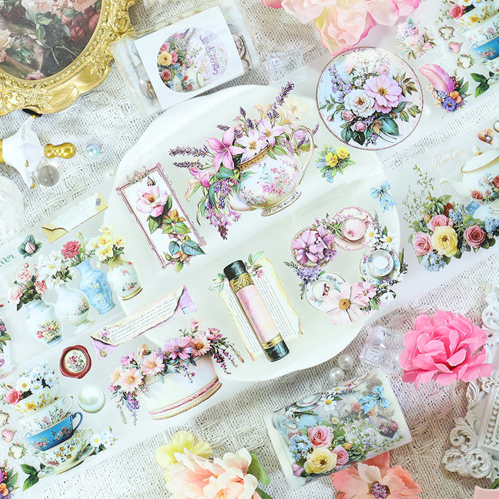 Retro flower porcelain Fog PET Tape featuring retro, and flower designs for journaling, scrapbooking and collage