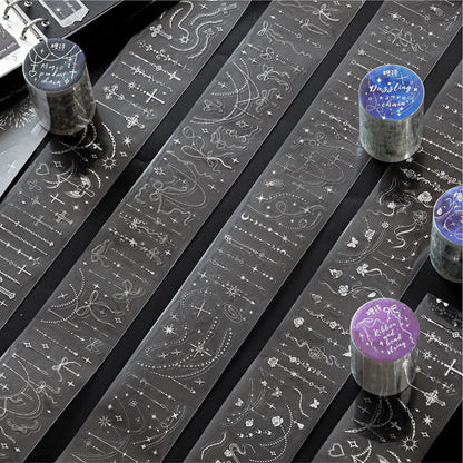 Chain Secret Series Silver Stamping Die Cutting PET Tape featuring secret, and silver designs for journaling, scrapbooking and collage