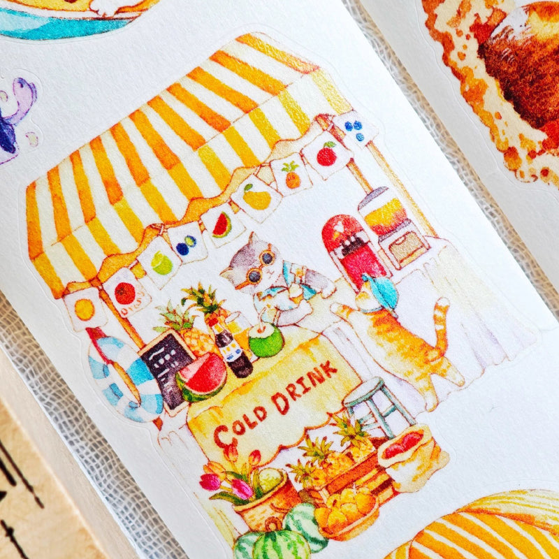 Whole Roll 4.5cm*5m Lazy Cat on Vacation Die Cutting Washi/PET Tape featuring cat designs for journaling, scrapbooking and collage