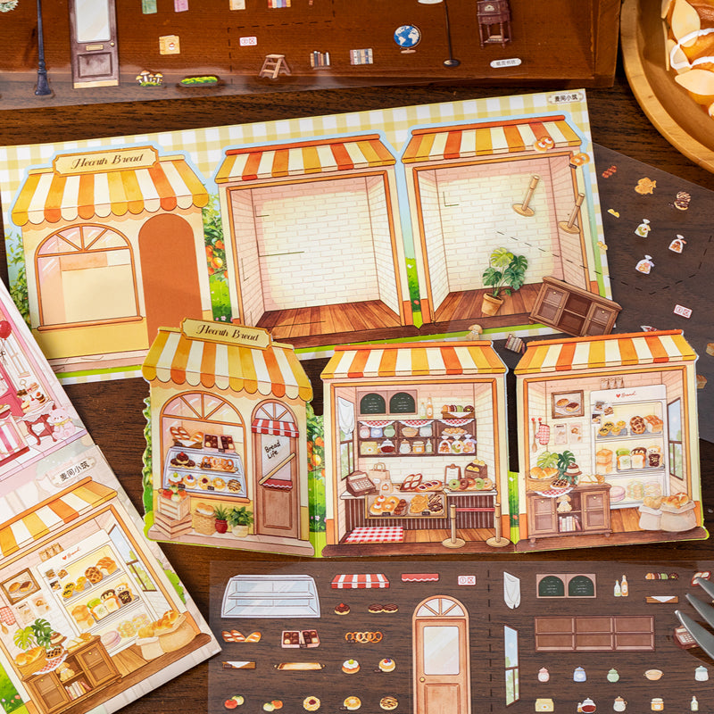 Miniature Street Scene Series 3D Sticker Book featuring book, street, and tree designs for journaling, scrapbooking and collage