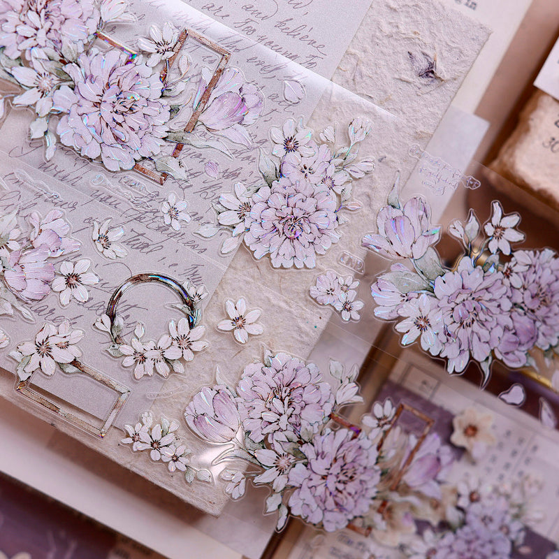 Whole Roll 5.5cm*6m Purple Smoke Flower Die Cutting Washi/PET/Shell Light PET Tape featuring flower, and light designs for journaling, scrapbooking and collage