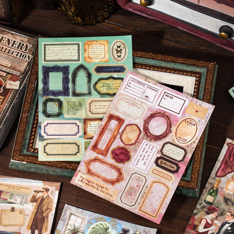 Old Scenes Series Sticker Book featuring old, and book designs for journaling, scrapbooking and collage