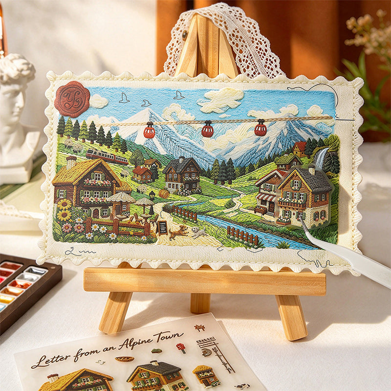 Embroidered Journey Series 3D Sticker featuring red designs for journaling, scrapbooking and collage