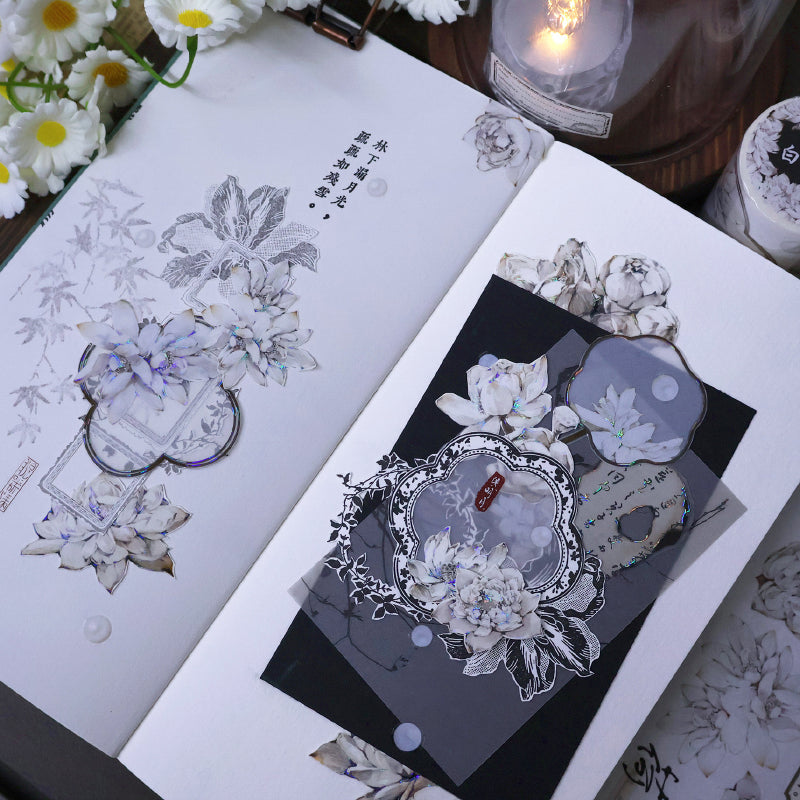 5.5cm*100cm White lotus flower Die Cutting Washi/PET/Shell Silver PET Tape featuring white, silver, and flower designs for journaling, scrapbooking and collage