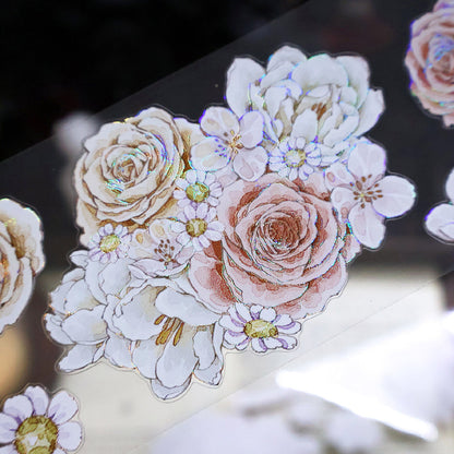 Whole Roll 5.5cm*5m Soft flower court Die Cutting Washi/PET/Shell Silver PET Tape featuring silver, and flower designs for journaling, scrapbooking and collage