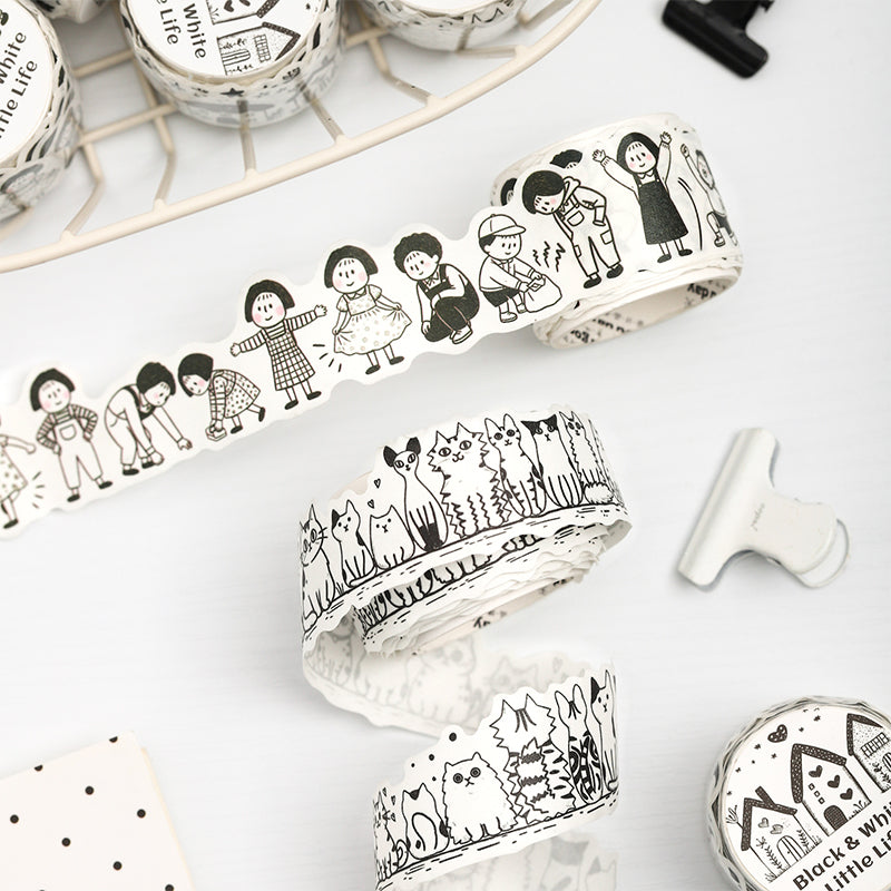 Black White Little Life Series Washi Tape featuring white, and black designs for journaling, scrapbooking and collage