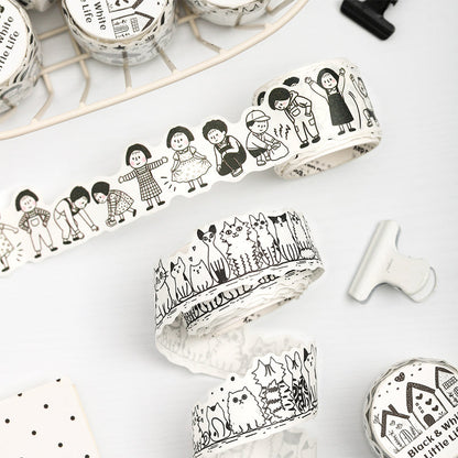 Black White Little Life Series Washi Tape featuring white, and black designs for journaling, scrapbooking and collage
