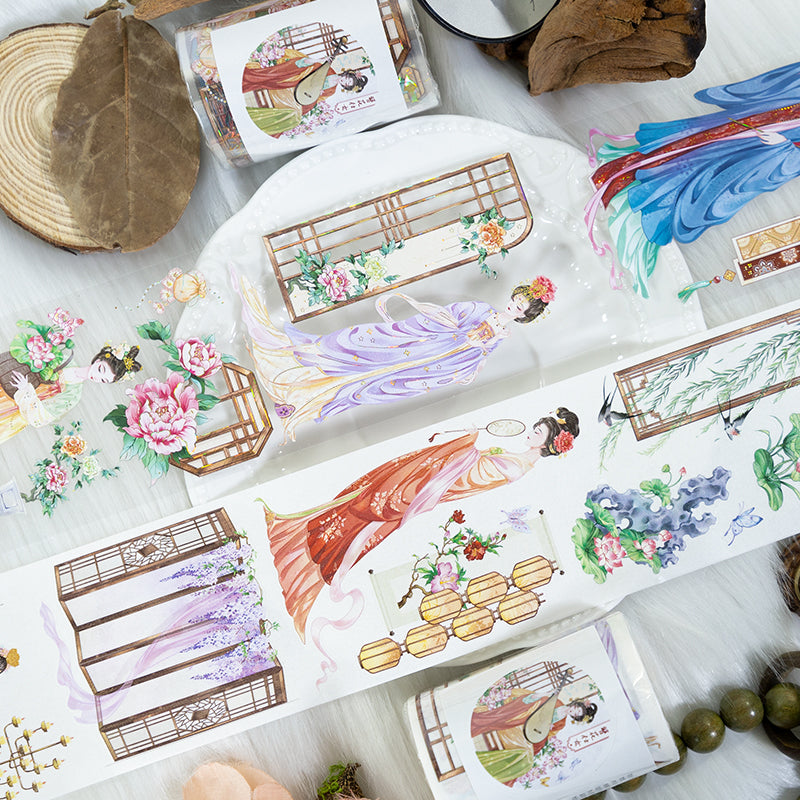 Ancient court Die Cutting Washi/Shell Gold PET Tape featuring old, and gold designs for journaling, scrapbooking and collage