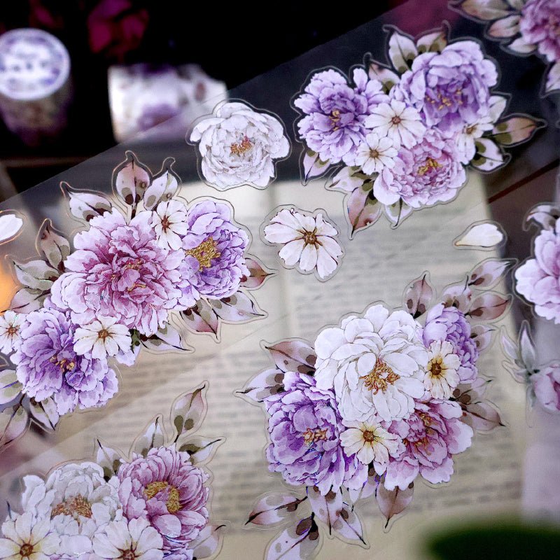 Whole Roll 5.6cm*5m Purple peony flower Die Cutting Washi/PET/Shell Light PET Tape featuring flower, and light designs for journaling, scrapbooking and collage