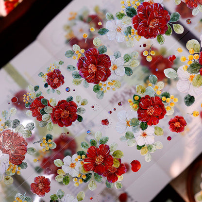 Whole Roll 5.5cm*5m Spring Red Tea Die Cutting Washi/PET/Shell Light PET Tape featuring spring, tea, and red designs for journaling, scrapbooking and collage