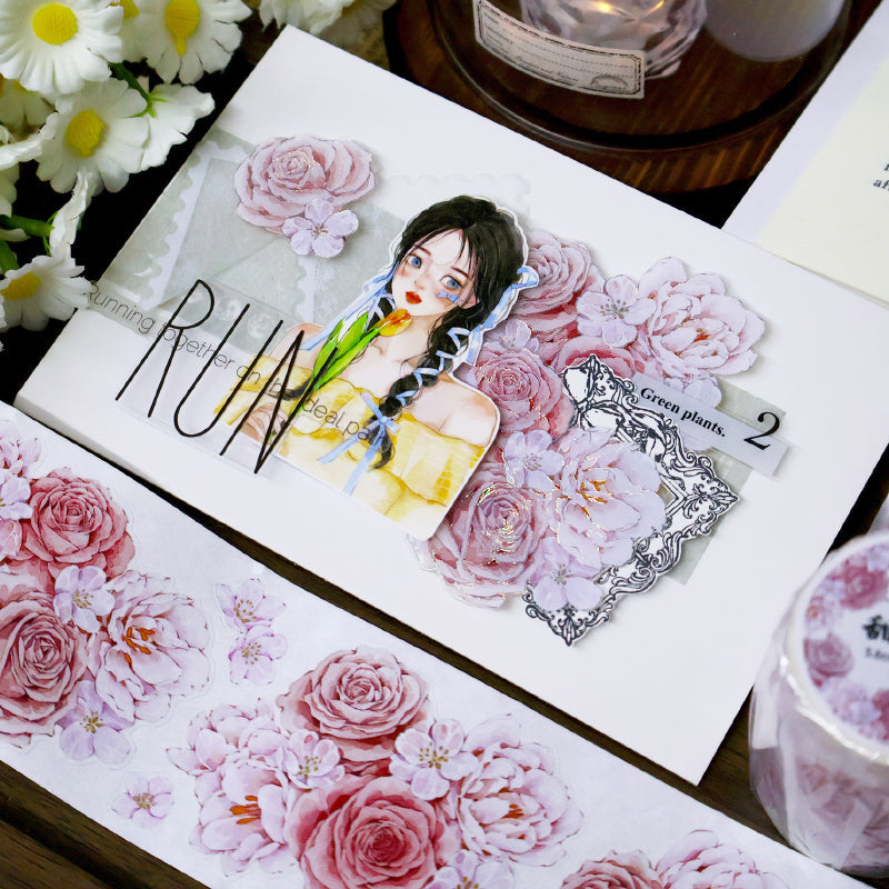 5.6cm*100cm Sweet rose Die Cutting Washi/PET/Shell Silver PET Tape featuring rose, sweet, and silver designs for journaling, scrapbooking and collage