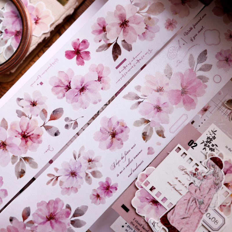 Whole Roll 5.5cm*6m Powdered perfume flower Die Cutting Washi/PET Tape featuring red, and flower designs for journaling, scrapbooking and collage