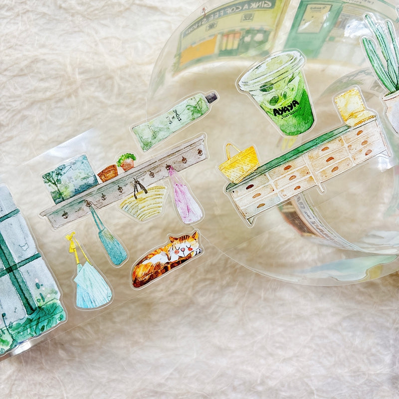 Whole Roll 6cm*5m Greenness Die Cutting Washi/PET/Fog PET Tape featuring green designs for journaling, scrapbooking and collage