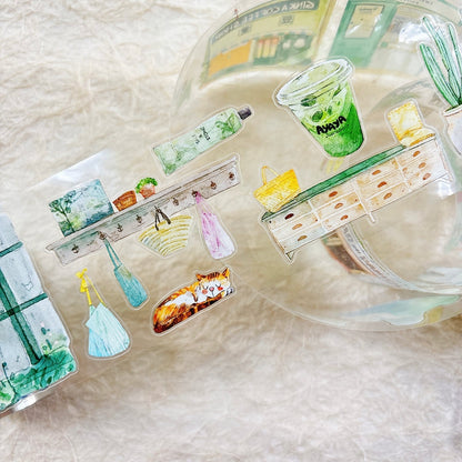 Whole Roll 6cm*5m Greenness Die Cutting Washi/PET/Fog PET Tape featuring green designs for journaling, scrapbooking and collage