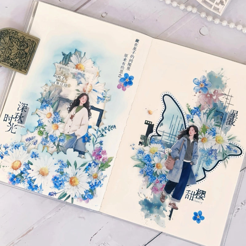 Whole Roll 6cm*3m Blue Island Flower Fragrance Die Cutting PET Tape featuring blue, flower, and island designs for journaling, scrapbooking and collage