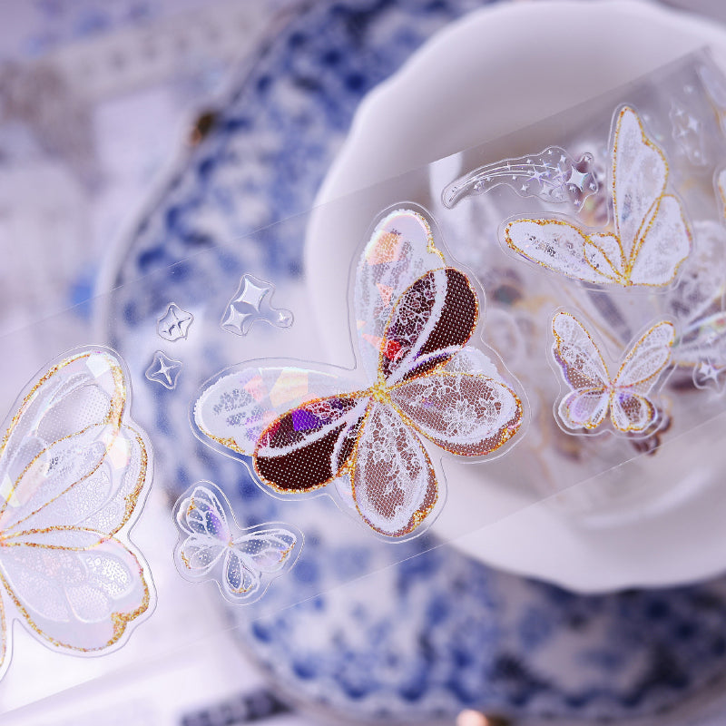 Whole Roll 4.5cm*6m Butterfly wings Die Cutting Flash PET/Shell Light/Gold/Silver Tape featuring butterfly, old, and gold designs for journaling, scrapbooking and collage