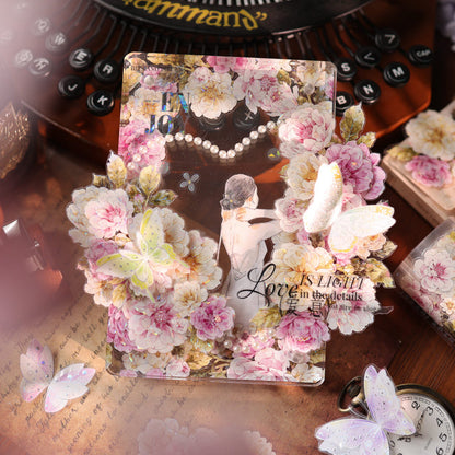 Whole Roll 5.5cm*5m Peach Fog White Flower Die Cutting Washi/PET/Shell Light PET Tape featuring white, flower, and peach designs for journaling, scrapbooking and collage